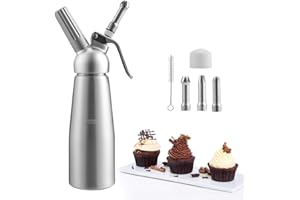 Yakimz Sahnespender Aluminium/Edelstahl Sahnesyphon, 0,5 L Mit 3 Edelstahl Deko-Düsen und Reinigungbürste für die Zubereitung von Schlagsahne, Creme, Mousse (1x Aluminium Sahnespender, Aluminium)