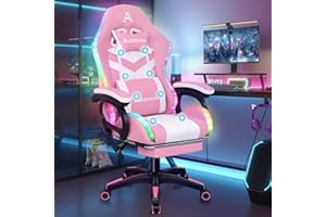 ALFORDSON Fotel gamingowy, krzesło biurowe, obrotowe, duże krzesło, 8-punktowy masaż, 12-kolorowe światło RGB LED, ergonomiczne, z podnóżkiem, zagłówkiem i poduszką lędźwiową, różowy i biały