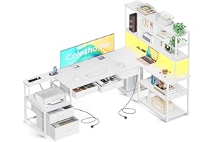 Coleshome Biurko narożne z 5 szufladami i 4 półkami, 200 x 110 x 154,2 cm, biurko w kształcie litery L, z diodami LED, gniazdkami i USB, duże biurko do domowego biura, białe