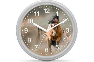 Eurotime väggklocka i kvarts, 25 cm, plastfodral, silver, plastglas, klar urtavla med 12 siffror med hästmotiv, tyst rörelse, inget tickande, väggklocka för barnrum, 82209-07