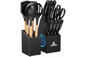 ACOQOOS Knife Set with Kitchen Utensils Set - Complete 18-Piece Knife Set forKitchen with Block - Includes 10-Piece Knives & 6-Piece Silicone Utensil