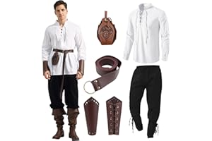 WELLCHY Conjunto de Ropa Medieval para Hombre, Conjunto de Traje Renacentista para Hombre con Camisa Pirata Medieval para Hombre, Pantalones Medieval, Cinturón, Muñequeras Accesorios