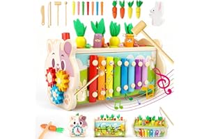 BuzzoXerex Giochi Montessori 1 Anno, 9 in1 Multiattivita Giochi in Legno per Bambini Educativi con Acchiappa la Talpa, Xilofono, Giochi Pesca e Labirinto Numerico Regalo 1 2 3 Anni