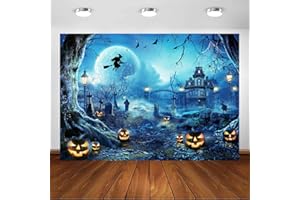 Avezano Halloween Photography Backdrop Horrible Pumpkin Graveyard Full Moon Night Backdrop for Children Kids Magic Witch Sorcerer Tombstone Party Decor Banner Photoshoot Booth Props (7x5ft, blue)