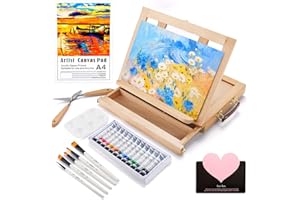 USHOP Cavalletto Pittura,Cavalletto da Tavolo,Set di pittura acrilica da 24 pezzi,12 colori acrilici,5 pennelli,2*Spatola,Tavolozza Colori e Tela A4,per Professionisti e Hobbisti