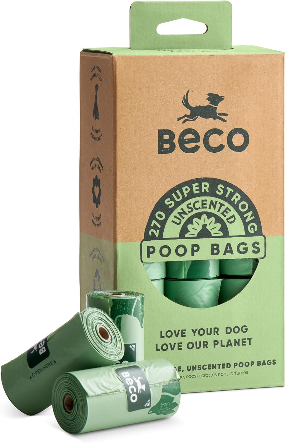 Beco Dog Poo Bags - Strong, Leakproof & Large - 94% Recycled Plastic, Extra Thick Dog Poop Bags, Heavy Duty - Unscented Refill Rolls, 270 Count