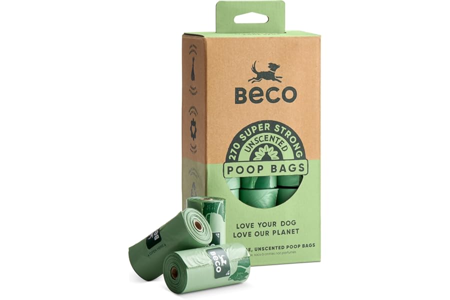 Beco Dog Poo Bags - Strong, Leakproof & Large - 100% Recycled Plastic, Extra Thick Dog Poop Bags, Heavy Duty - Unscented Refill Rolls, 270 Count