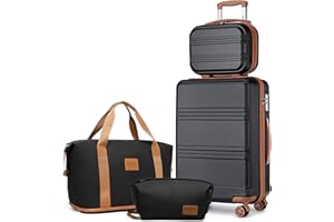 KONO Reisekoffer Set Gepäcksets 4 Teilig Kofferset, 55cm Handgepäck mit Beautycase Kosmetikkoffe mit handgepäck Reisetasche mit Kulturbeutel (Schwarz/Braun)