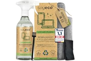 ‎SOYECO SOYECO ECO Bildschirmreiniger Set 500ml mit 2X Mikrofasertücher & Pinsel - für eine umfassende Gerätepflege - Fernseh Displays (LCD, LED, OLED, QLED, TFT), Handy, Laptop sowie Tastatur, PC & uvm.