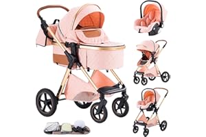 Shineey Stroller 3 in 1 Travel System Aluminium Frame High Landscape Combined Strollers Lightweight Folding Pram for Newborns Toddlers 0-36 Months from Birth Aluminium Pushchair
