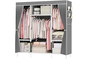 SMILOVII Canvas Wardrobe, Zippered Foldable Closets, Open Wardrobe With 3 Hanging Rails, 3 Compartments and 4 Side Pocket Fabric Wardrobes, 175 x 150 x 45 cm, Portable Wardrobe for Bedroom - Gray