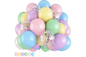 HILAVO Pastel Balloons 12 Inch Macaron Pink Blue Green Purple Yellow Pastel Rainbow Latex Balloon with Colorful Confetti Party Balloons for Easter Birthday Baby Shower Bridal Wedding Party Decoration