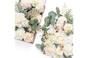 ‎LING'S MOMENT Ling's moment Weiße Blumen Künstliche, Elfenbein & Creme Gefälschte Blumen Eukalyptus Grün Combo Box Set für DIY Hochzeit Brautstrauß, Tafelaufsätze, Wohnkultur, Blumenarrangement Dekor, etc.