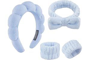 YUXIANLB Spa Headband for Washing Face, Skincare Headbands for Women Makeup, Terry Cloth Towel Hairband for Skincare, Sponge Puffy Make Up Hair Band for Women, Face Washing Wristband Pack of 4 (Blue)