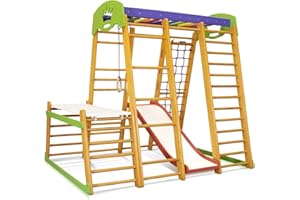 ‎SPORTBABY Kinder zu Hause aus Holz Spielplatz mit Rutschbahn ˝Karapuz-Plus-1-1˝ Kletternetz Ringe Kletterwand
