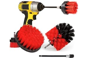 AISENNO Brosses de Nettoyage Ensemble de Brosses pour Perceuse à Fixation Longue et Allongée de 1/4 po Idéales pour Voiture Moquette Sol Salle de Bain Toilettes Cuisine Surface en Céramique (4, Rouge)
