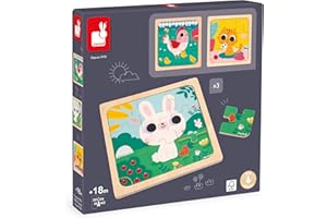 Janod 3 Puzzles en Bois de 9 Pièces-Poule, Chat, Lapin-Jouet Enfant-Jeu Éducatif Premier Age-Dès 18 Mois, J07113, Multicolore