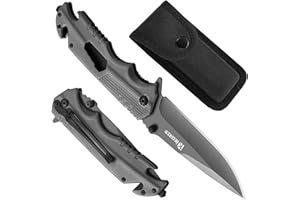 IKORES Multitool-Klappmesser, 22cm Einhandmesser mit Nylonscheide und Taschenclip, Flaschenöffner, Glasbrecher, Sicherheitsgurtschneider und Schraubenschlüssel, Grau