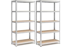 FENIXSHOP24 Set di 2 Scaffali per Carichi Pesanti, Scaffalature a 5 Ripiani in Acciaio e ripiani in legno, Senza Viti, in Garage, Portante 750 kg, 40 x 90 x 180 cm (TOTALE 40P X 180L X180A)