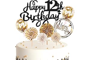Cymeosh Tortendeko 12. Geburtstag Mädchen Jungen, Kuchen Topper Happy 12th Birthday Schwarz Gold, Glitzer Kuchen Deko Geburtstag Ballon Konfetti für Geburtstagstorte Deko 12 Jahre Kinder