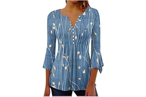 NUSGEAR Camiseta Manga Corta Mujer Verano 2023 Moda Impresión Camisa 3/4 Manga Blusa Cuello en V Botones Plisada Camiseta Elegant Suelto Tops Casual Fiesta Cómodo T-Shirt Original tee Playa