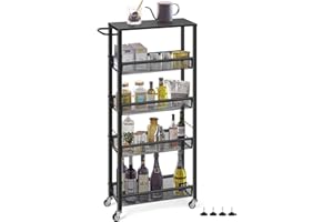 ‎LIANTRAL LIANTRAL Küchenwagen mit 5 Ebenen, Rollwagen, Servierwagen, Nischenregal auf Rollen mit Hölzerner Tischplatte, Küchenregal und Badregal für Kleine Räume, Küche, Bad, Büro, Schwarz