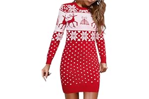 Uniexcosm Christmas Jumper Dress for Women Knitted Pullover Sweater Dresses Crew Neck Long Sleeve Ladies Xmas Jumpers Novelty Reindeer Snowflakes