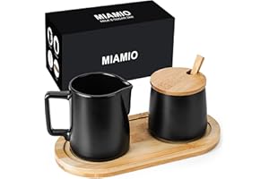 MIAMIO - Ensemble de service à sucre et crème avec couvercle et cuillère/Accessoires de bar à café en céramique - Compatible micro-ondes et lave-vaisselle (Noir)