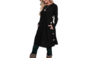 Aokosor Jumper Dress for Women Tunic Dress Ladies Long Sleeve Dress with Pockets Side Buttons Dress for Leggings