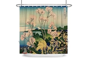 SDOTPMT 122x183cm Japonés Primavera Paisaje Cortina de Ducha Cereza Florecer Ukiyo-e Kanagawa Cortina de baño Montaña Fuji Orientar Étnico Animado Cortina bañera para Baño Poliéster con Ganchos