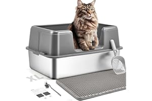 Papettly Arenero Acero Inoxidable Gatos, 60x40x31cm Arenero Gatos Cubierto, Arenero Gato Grande XXL con Tapete para Arena para Fatos, Pala para Arena, Cepillo para Caja, Antifugas, Fácil de Limpiar