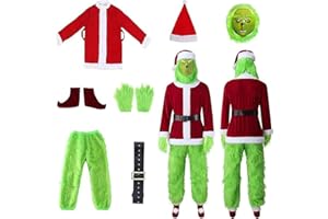 Bavpelp Grinch Kostüm für Erwachsene, 7-Teilig Weihnachtsmann Kostüm, grünes Monsterkostüm für Herren, Weihnachtsfeiern, Cosplay, Fasching Party für Männer und Frauen Props