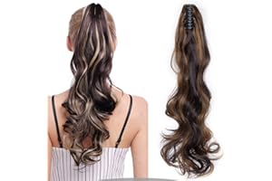 SILK-CO 24 Pouces Postiche Queue de Cheval Ondulé A Pince Ombre Ponytail Extension Claw On Extension Queue de Cheval Cheveux Synthetique, Brun Foncé & Blond Sable