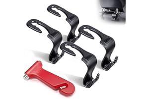 Auto Rücksitz Haken, Randalfy 4 Stück Taschenhalter Auto Kopfstütze Haken + 1 Stück Notfallhammer fürs Auto, Flucht Werkzeug mit Auto Fenster Breaker und Sicherheitsgurt Cutter