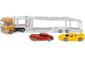 siku 3944, MAN biltransportör, 1:50, inkl. 2 leksaksbilar, metall/plast, gul/silver, avkopplingsbar släpvagn, sänkbar plattfo