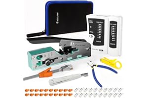 VCELINK Professionnel Network d’installation Kits Sertissage, Pince à Sertir RJ45 avec 20 Connecteurs RJ45 Cat7 Pass Through, Testeur RJ45, Pince Coupante, LSA Outil de Montage, Mini Pince à dénuder