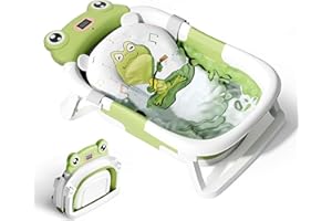 MYBOTA Baby Bath Tub Toddler Bath Tubs with Thermometer, Collapsible Bathtub Baby Essentials for Newborn Portable Travel Bath with Soft Cushion Seat Mat for Infant Green Frog