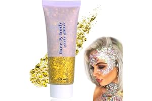 EHIOG Body Glitter Gel, 50ml Face Glitters Body Gel Sequins Shimmer Liquid Eyeshadow, Mermaid Sequins Sparkling Chunky Body Lotion Glitter Liquid, for Face Body Eye Hair Nail DIY Makeup Decoration-Gold#02