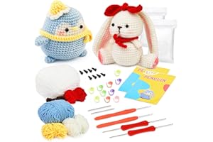 Ruasol Häkelpaket für Anfänger, Häkelpaket mit Garn, DIY-Häkelpaket für Anfänger, Häkelnadeln, Schritt-für-Schritt-Anleitungsvideo, Häkel-Starter-Kit für DIY-Bastelkunst, Pinguin und Hase