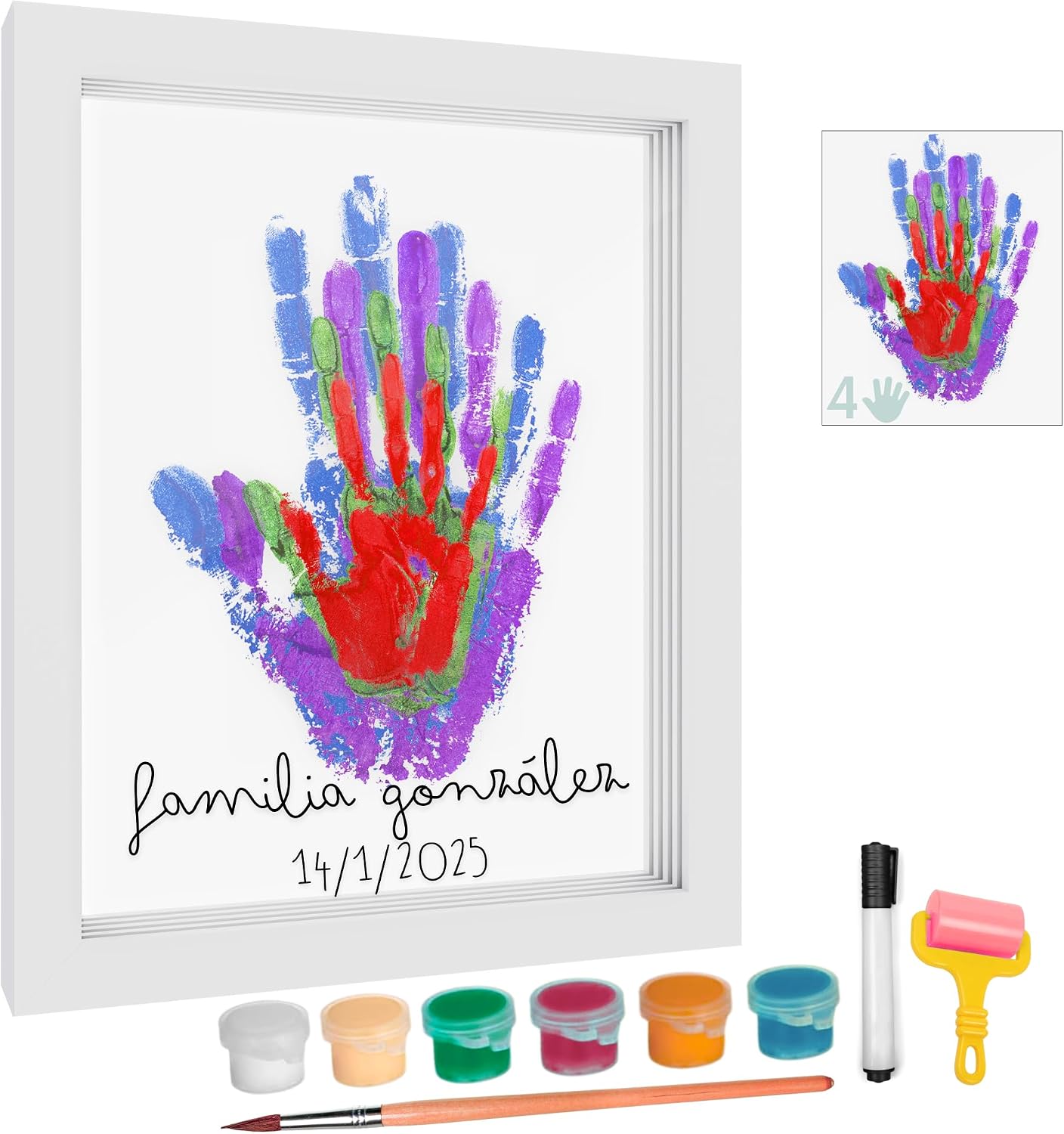 HuBorns – Kit huellas familia con pinturas, marco huellas bebé recién nacido, regalo familiar original, recuerdo padres e hijos y decoración hogar