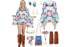 TOSZOLY Disfraz Hippie Mujer, Conjunto de Disfraz Hippie Años 60, Disfraces de Hippies para Mujery Otros Accesorios, Hippies Capa Años 70 de Discoteca para Fiestas y Halloween