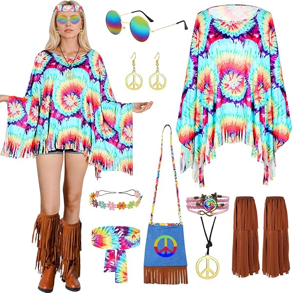 Puddry Hippiekostuum voor heren en dames, jaren '60, 70, 80 outfit voor heren, jaren 70 kleding, heren met kleurrijk T-shirt, peace-ketting, hippiebril, hoofdband en armband, discooutfit