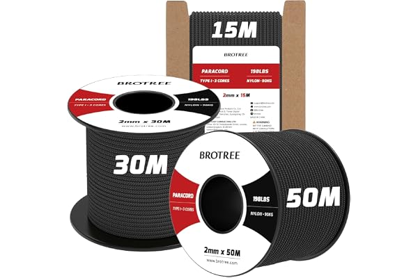 Brotree Paracorde 2mm Corde 100% Nylon 3 Brins Type I pour Extérieur, Artisanat, Bricolage - 90 kg Charge de Rupture