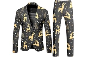 Hundakvy Mens Suits Christmas Cute Cartoon Reindeer Snowflake Color Blovk Printed Coats and Trousers Sets Classic Xmas Holiday Jackets Novelty Party Outfits Christmas Suits for Men UK