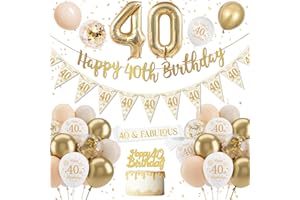 DJLLA 40th Birthday Decoration for Women - Gold Happy Birthday Banner, Sand White Balloons, Confetti Latex Balloons, Cake Topper for Party Decorations