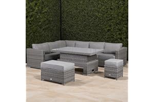 Rattan park Garden Furniture 8 seater Modular Corner Sofa Set in Grey Weave and Grey Cushions with Rising Table