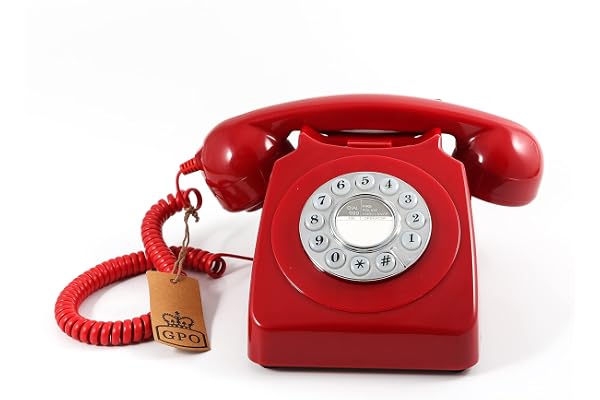 GPO 746 Téléphone fixe rétro de style années 1970 à bouton poussoir - Cordon extansible, sonnerie authentique - Rouge