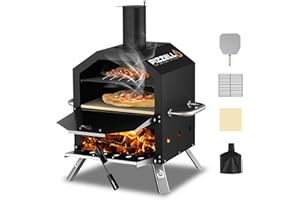Pizzello Outdoor Pizza Oven Wood Fired 2-Layer Pizza Ovens 12" Outside Pizza Maker with Stone, Pizza Peel, Cover,Removable Cooking Rack for Camping Backyard BBQ (Black)