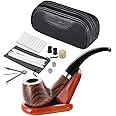 Joyoldelf Tobacco Smoking Pipe with Leather Smoking Pipe Pouch, Pear Wood Handmade Tobacco Pipe with Pipe Stand, Scraper, Filter, Metal Ball and Other Pipe Accessories