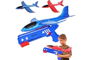 GUBOOM Enfant Avion Jouet, 2 Pcs Avion Polystyrene avec Pistolet Catapulte, Intérieur Extérieur Jardin Planeur Volant Jeu de Lancer, Cadeau Anniversaire pour Garçon Fille 3 4 5 6 7 8 9 10 Ans